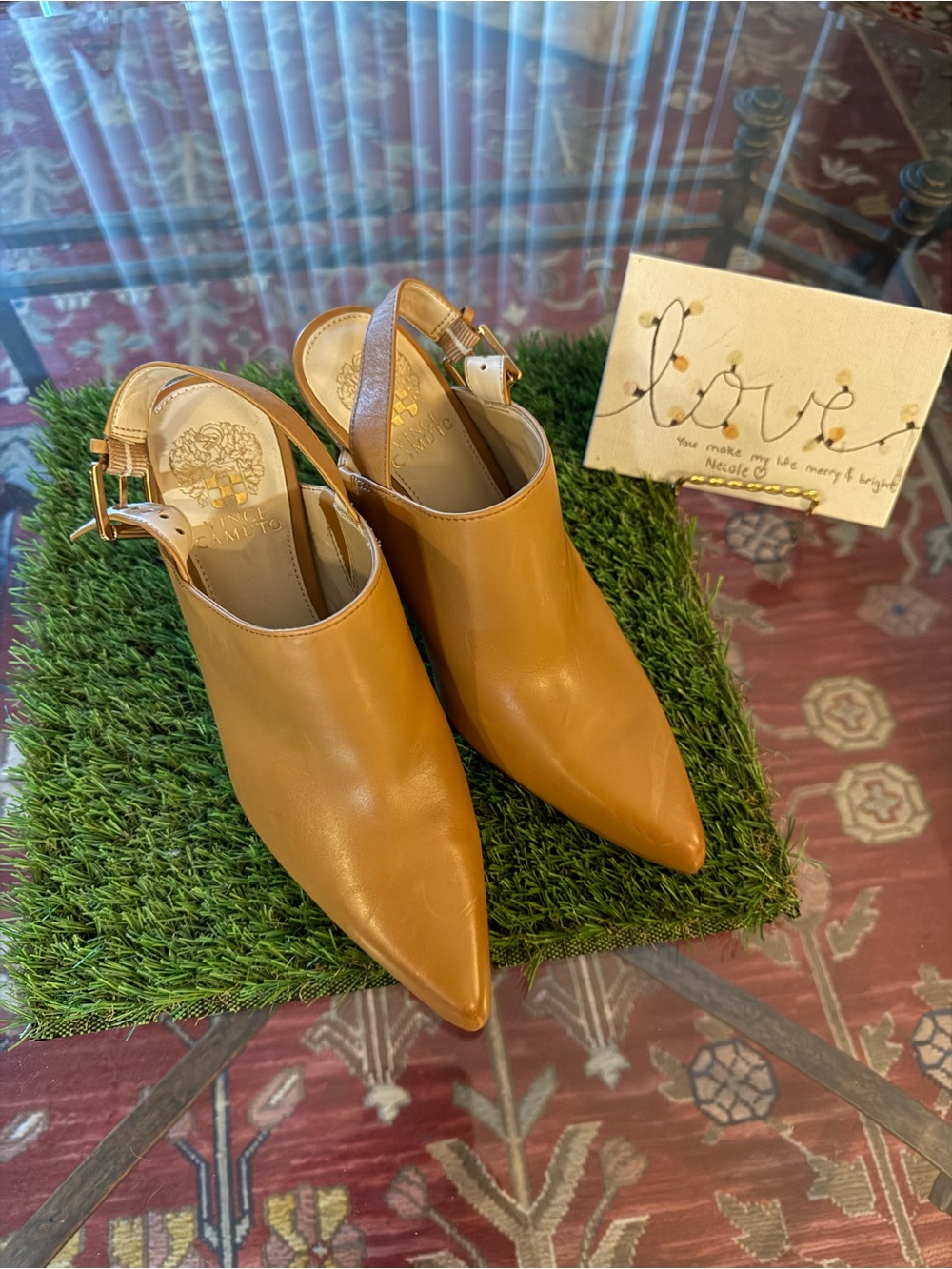 Vince Camuto Leather Slingback Sandals in Tan and Gold Buckle